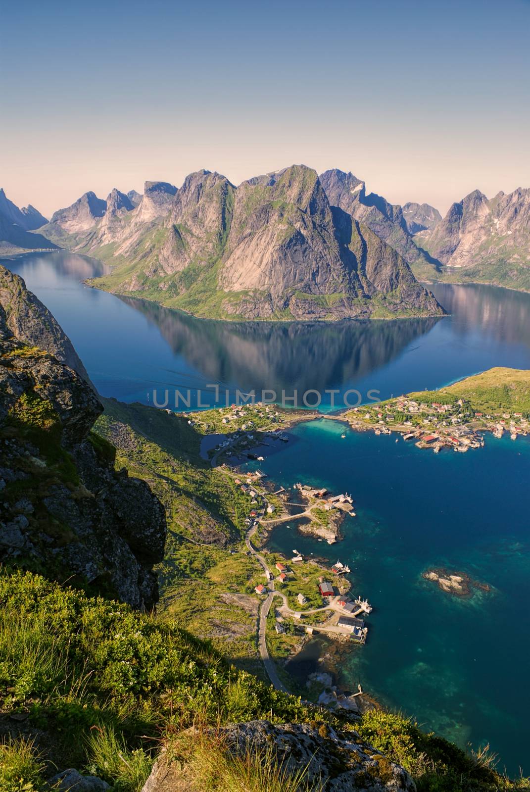 Amazing view of town Reine and surrounding fjords on Lofoten islands            