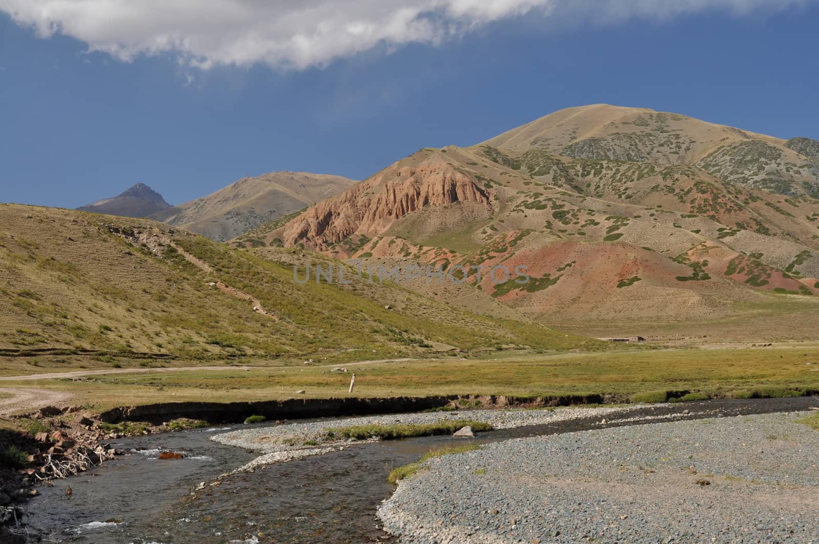 Scenic river in mountainous grassy landscape in Kyrgyzstan