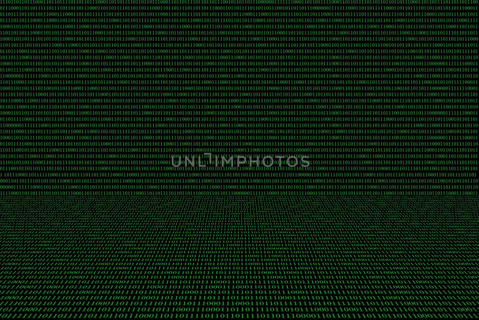 green binary computer code on black background, perspective