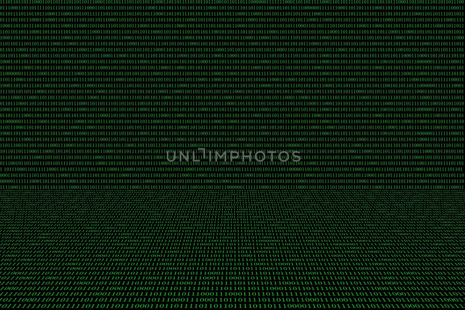 green binary computer code on black background, perspective