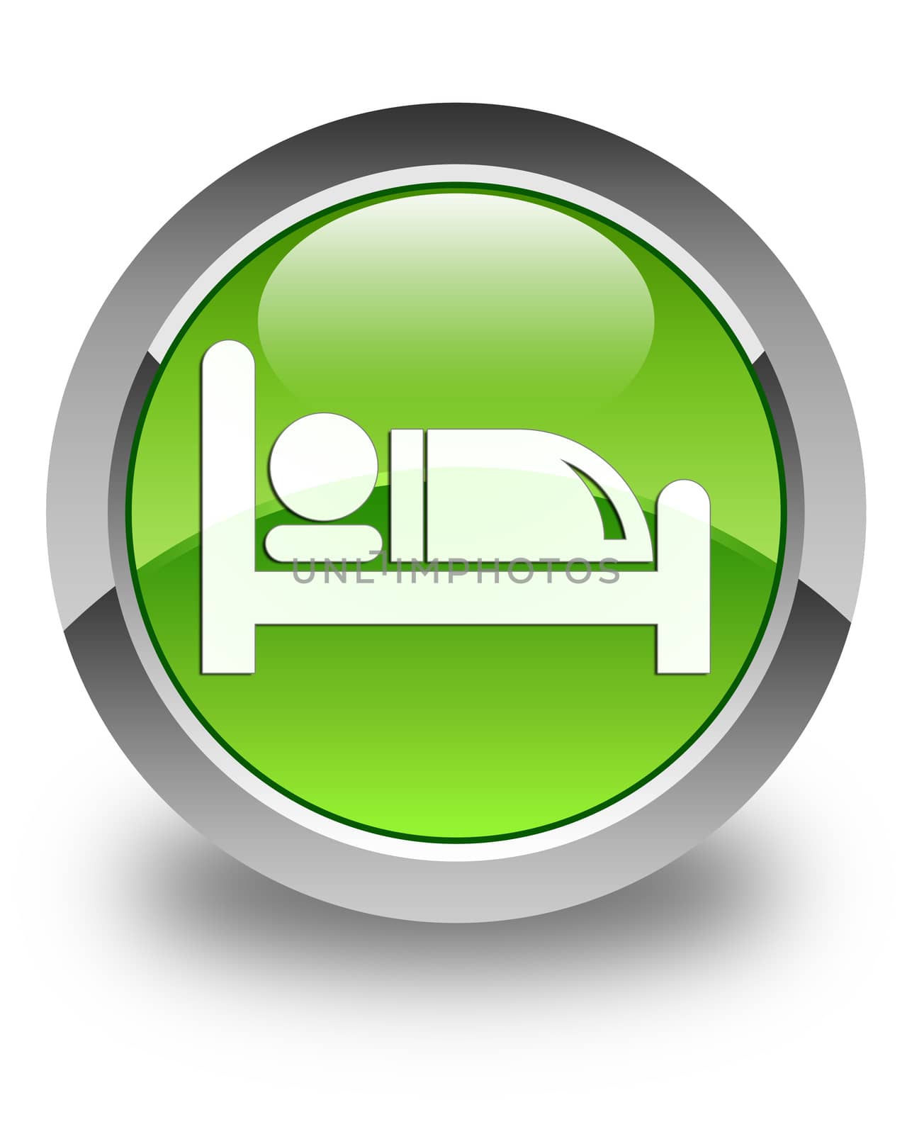 Hotel bed icon on glossy green round button