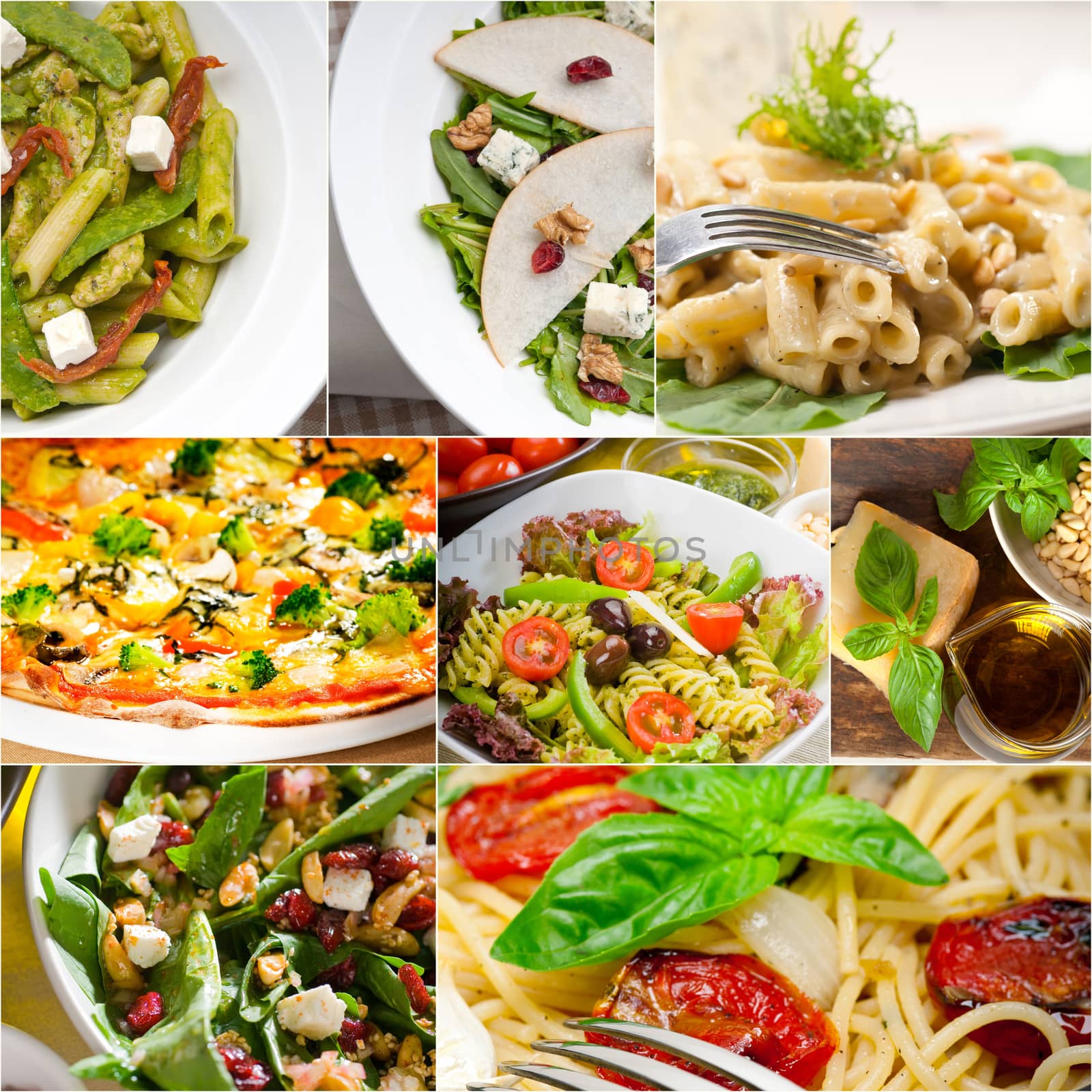 healthy vegetarian pasta soup salad pizza Italian food staples collage