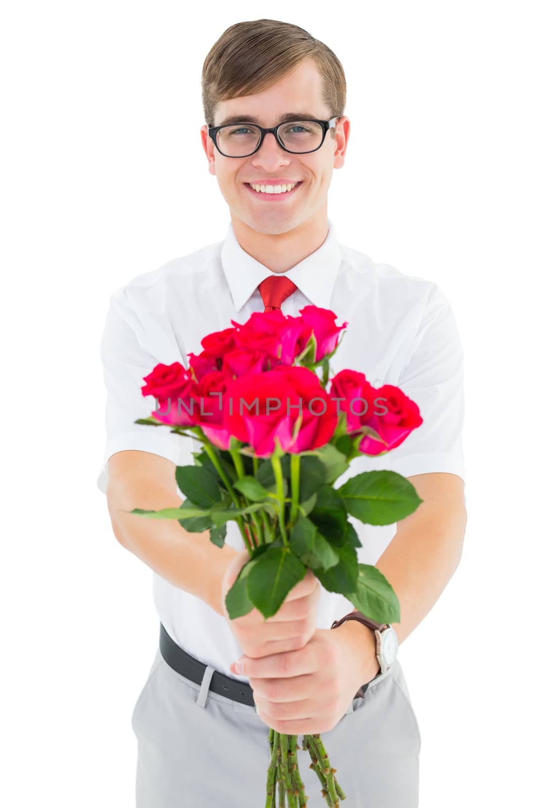 Geeky hipster offering bunch of roses on white background