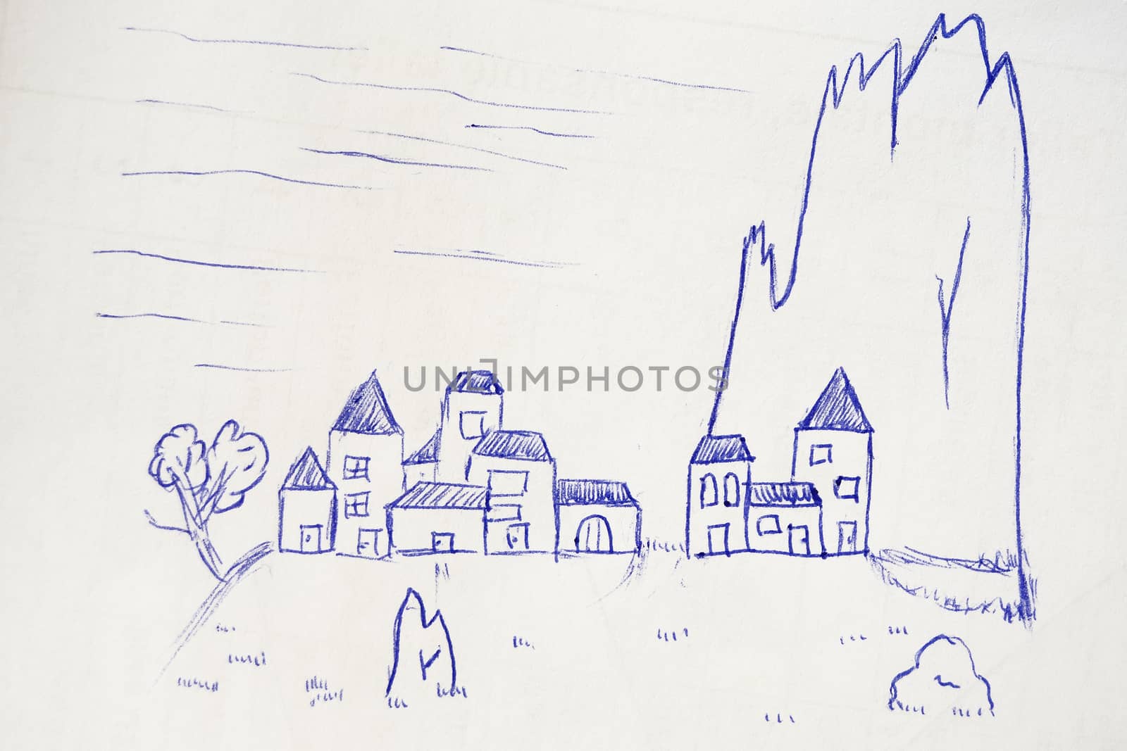 village near a peak, sketch with a pen ball