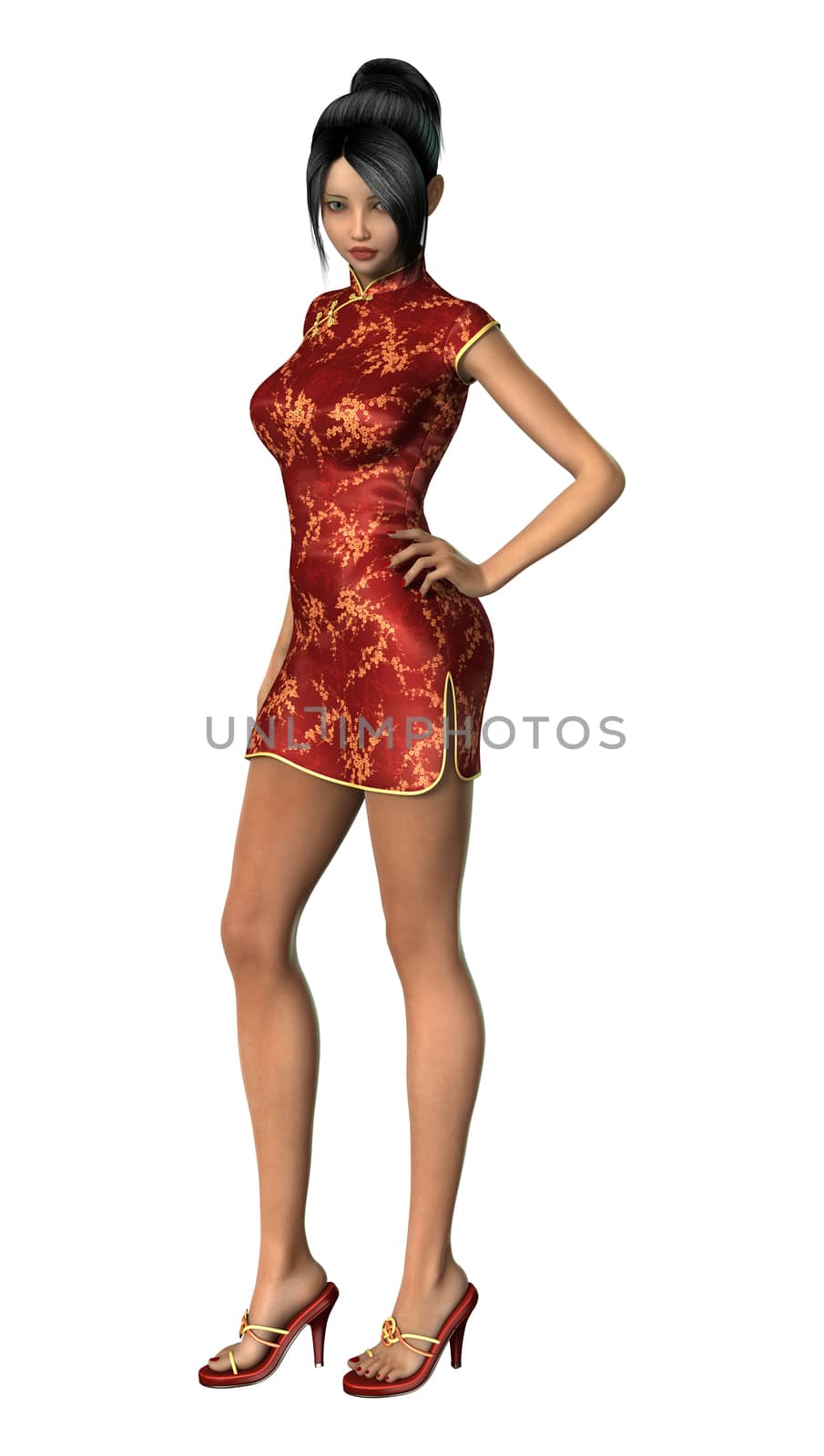 3D digital render of a beautiful Chinese young woman in a traditional red dress isolated on white background,