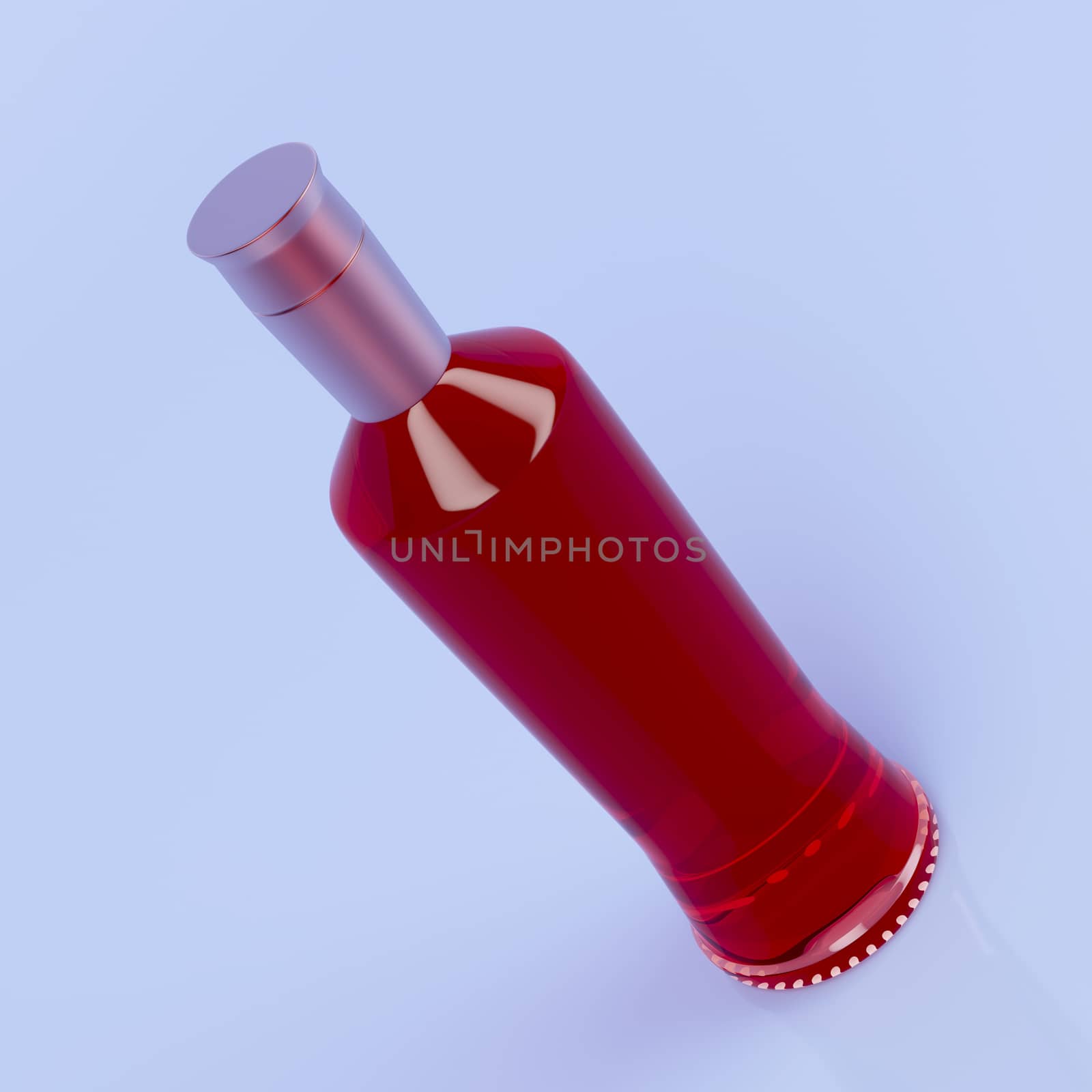 Red liqueur bottle on shiny blue background