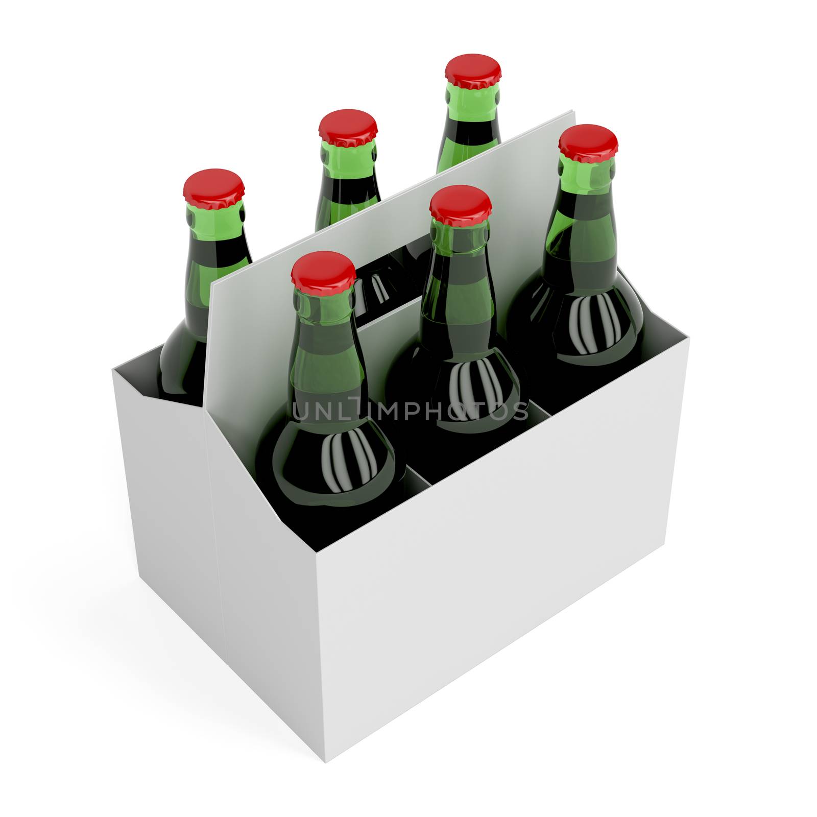 Six pack of lager beer bottles on white background