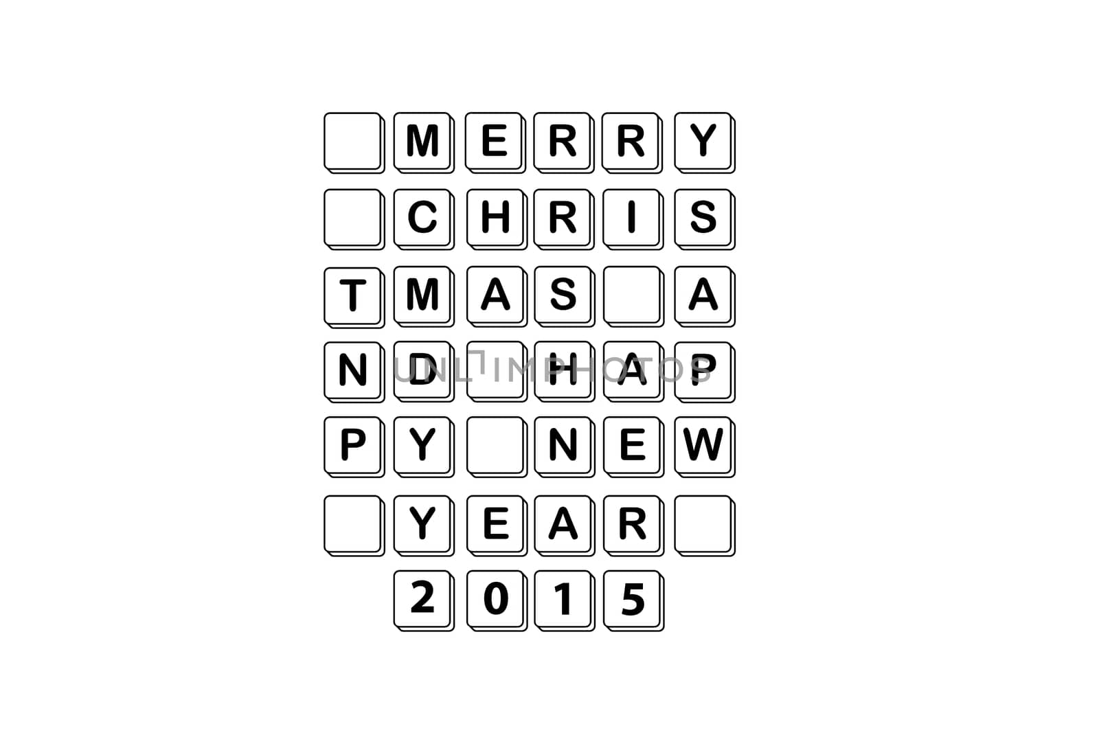 Merry Christmas and happy new yeay 2015 crossword isolated on white background.
