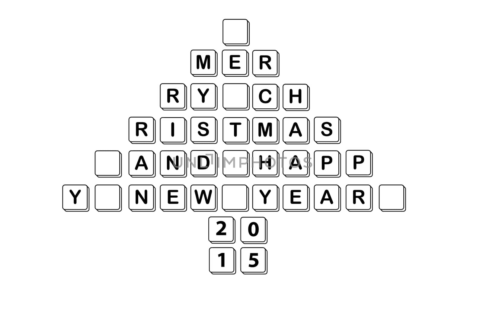 Merry Christmas and happy new yeay 2015 crossword shape of tree  isolated on white background.