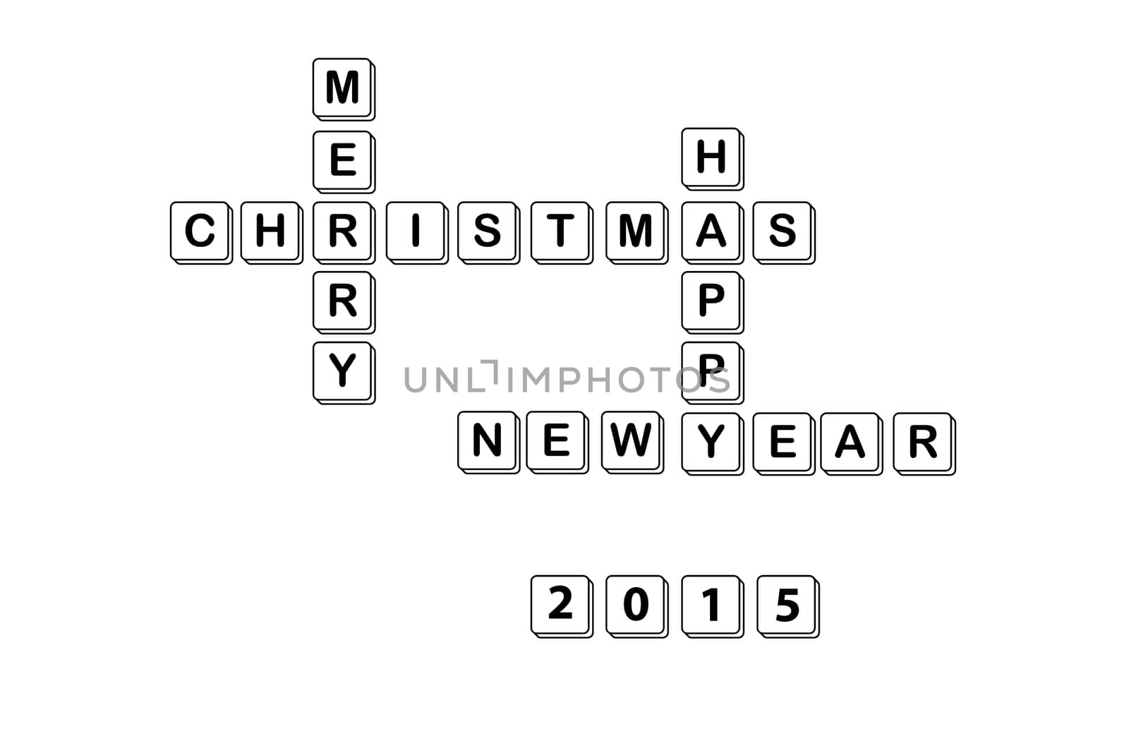 Merry Christmas and happy new yeay 2015 crossword isolated on white background.