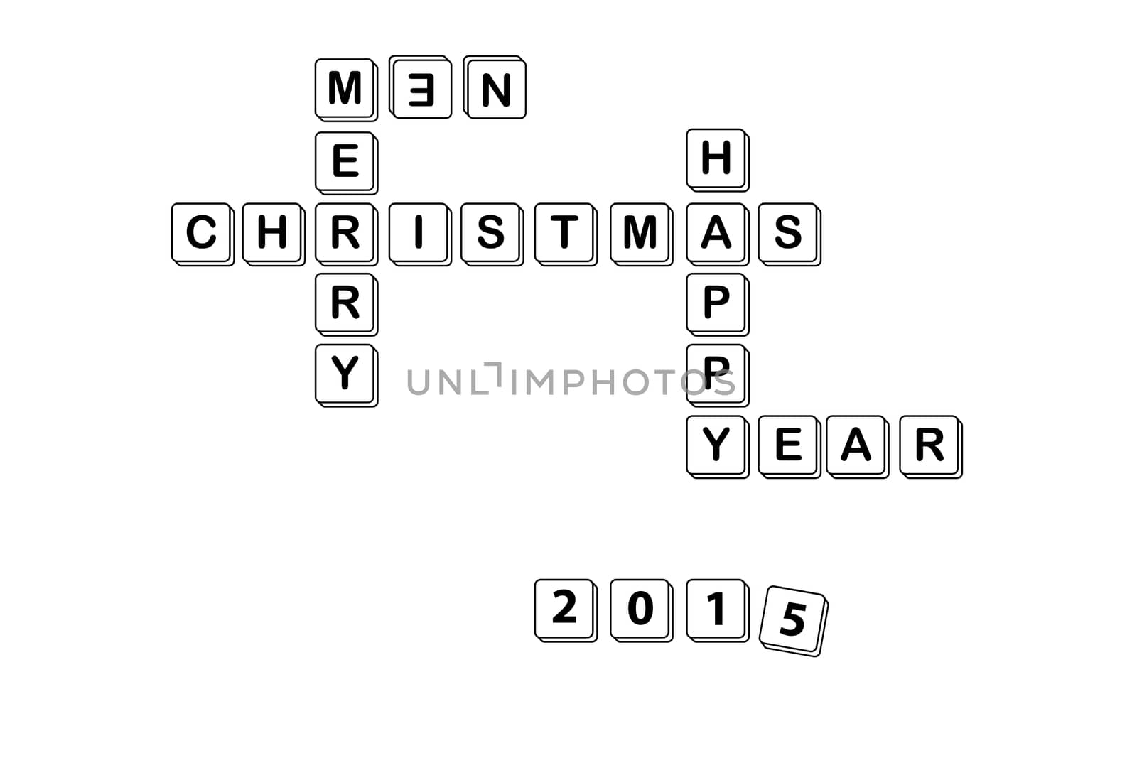 Merry Christmas and happy new yeay 2015 crossword isolated on white background.
