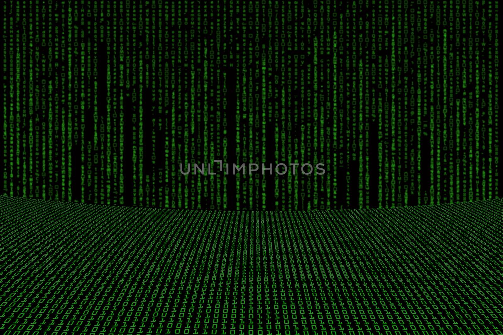 image of green binary code background with matrix wall, perspective.