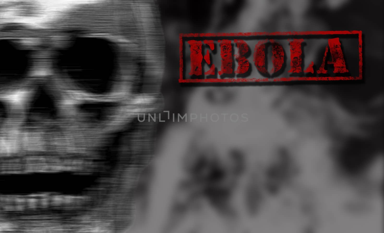 red word EBOLA on black and white background, with copyspace on the right
