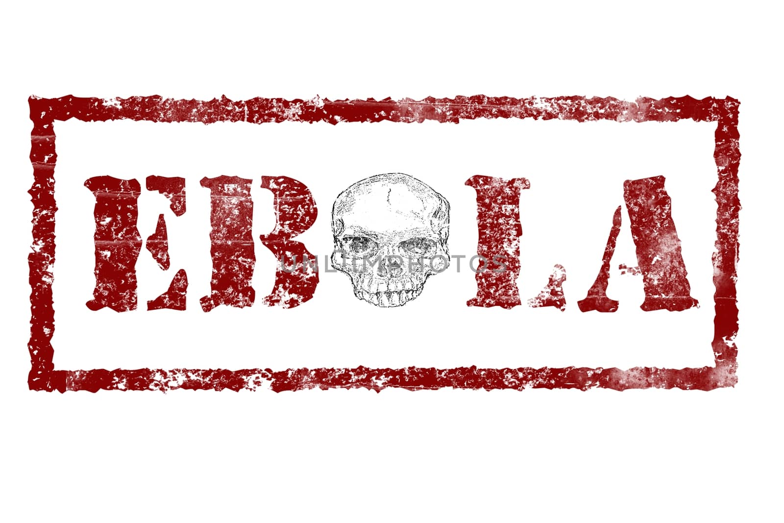 EBOLA red stamp text on white background, skull instead of the letter o in the middle