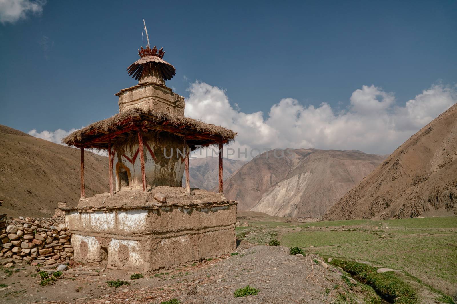 Scenic old shrine in Himalayas mountains in Nepal