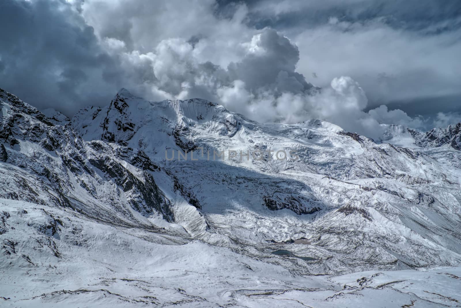 Dramatic clouds over snowy south american Andes in Peru, Ausangate