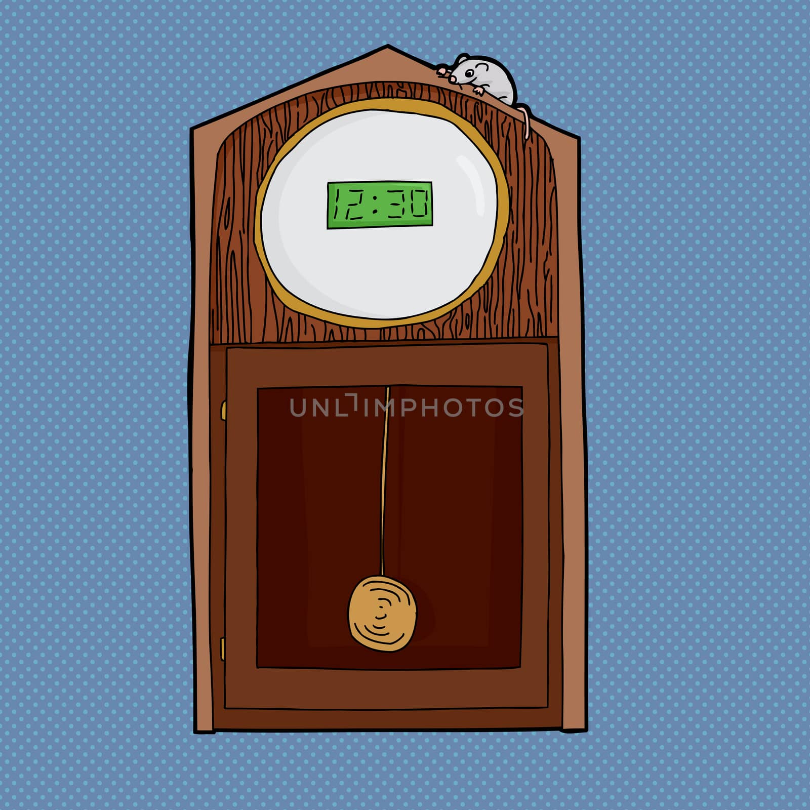 Grandfather clock with digital LCD face and mouse on top