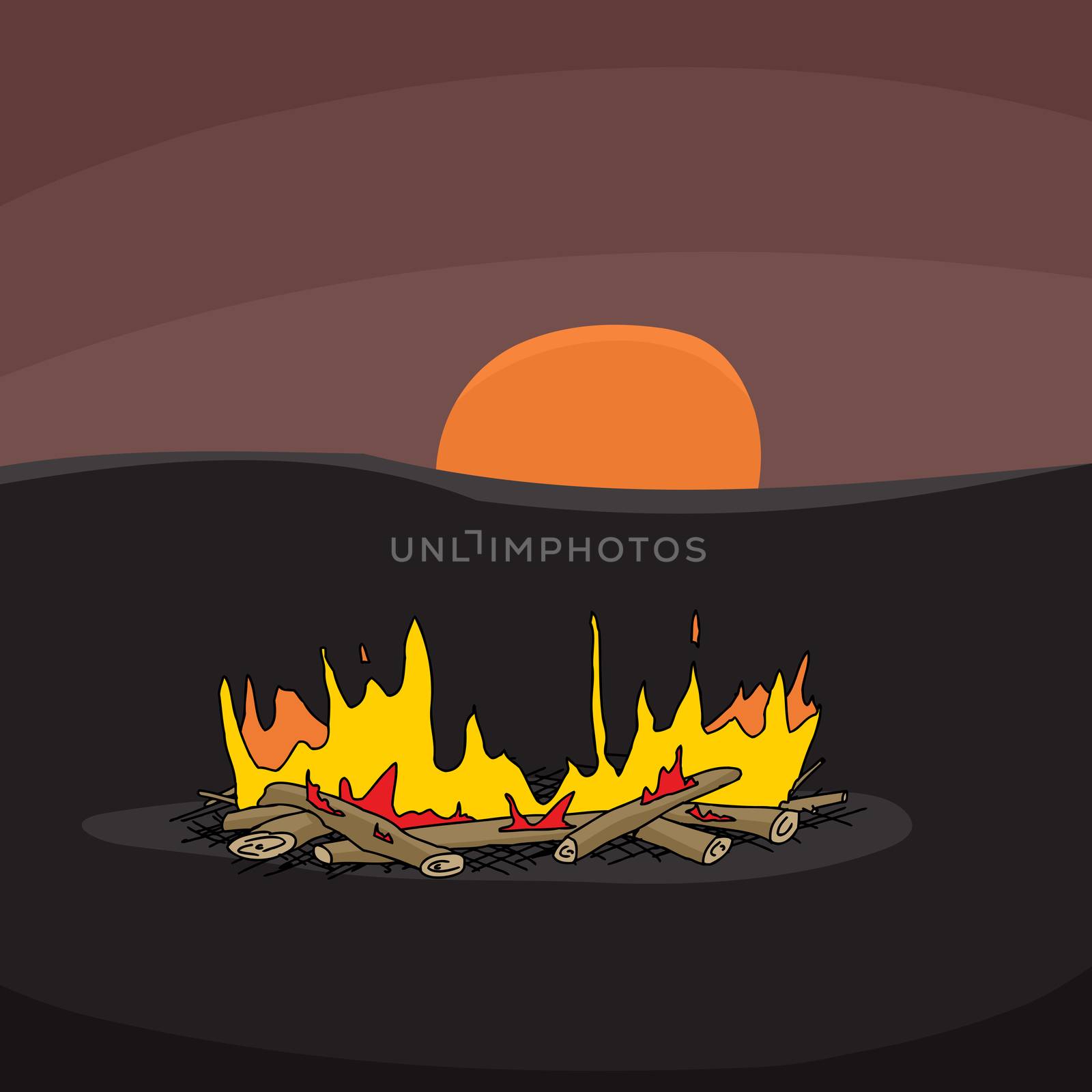 Hand drawn cartoon campfire scene with sunset