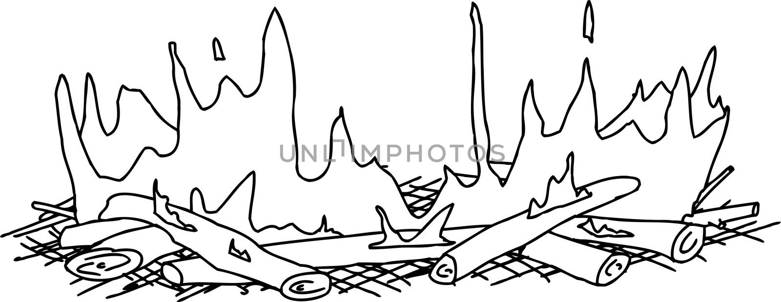 Outline cartoon of flames on sticks in campfire
