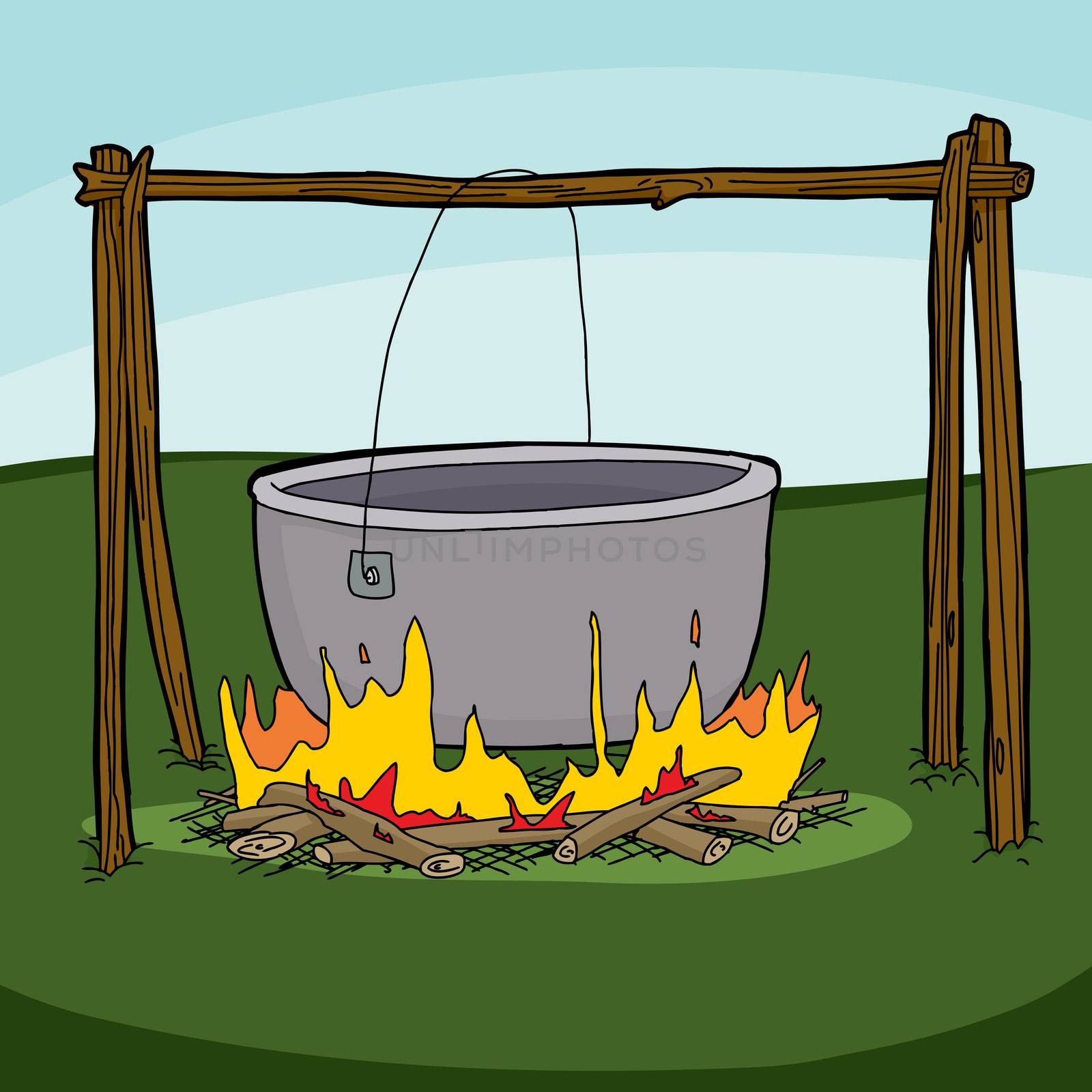 Cartoon of large empty cauldron hanging over flames