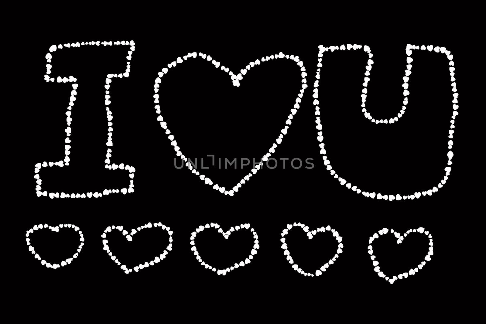 white word i love you made of heart shapes isolated on black background.