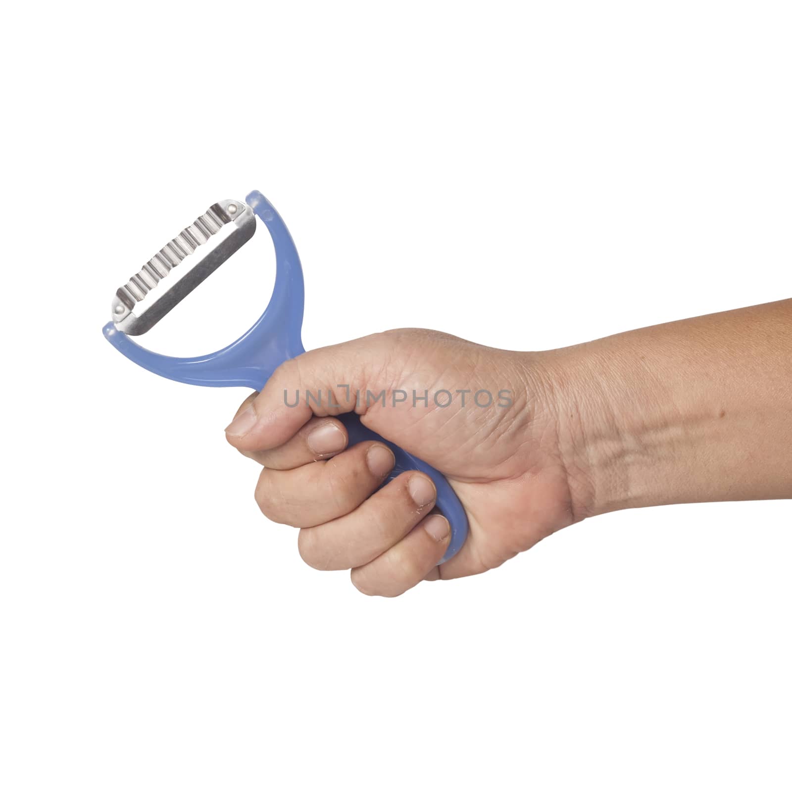 metal peeler holding hand isolated on white 
background