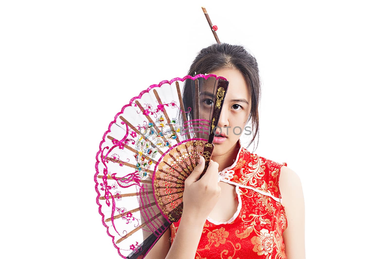 Chinese woman red dress traditional cheongsam ,close up portrait