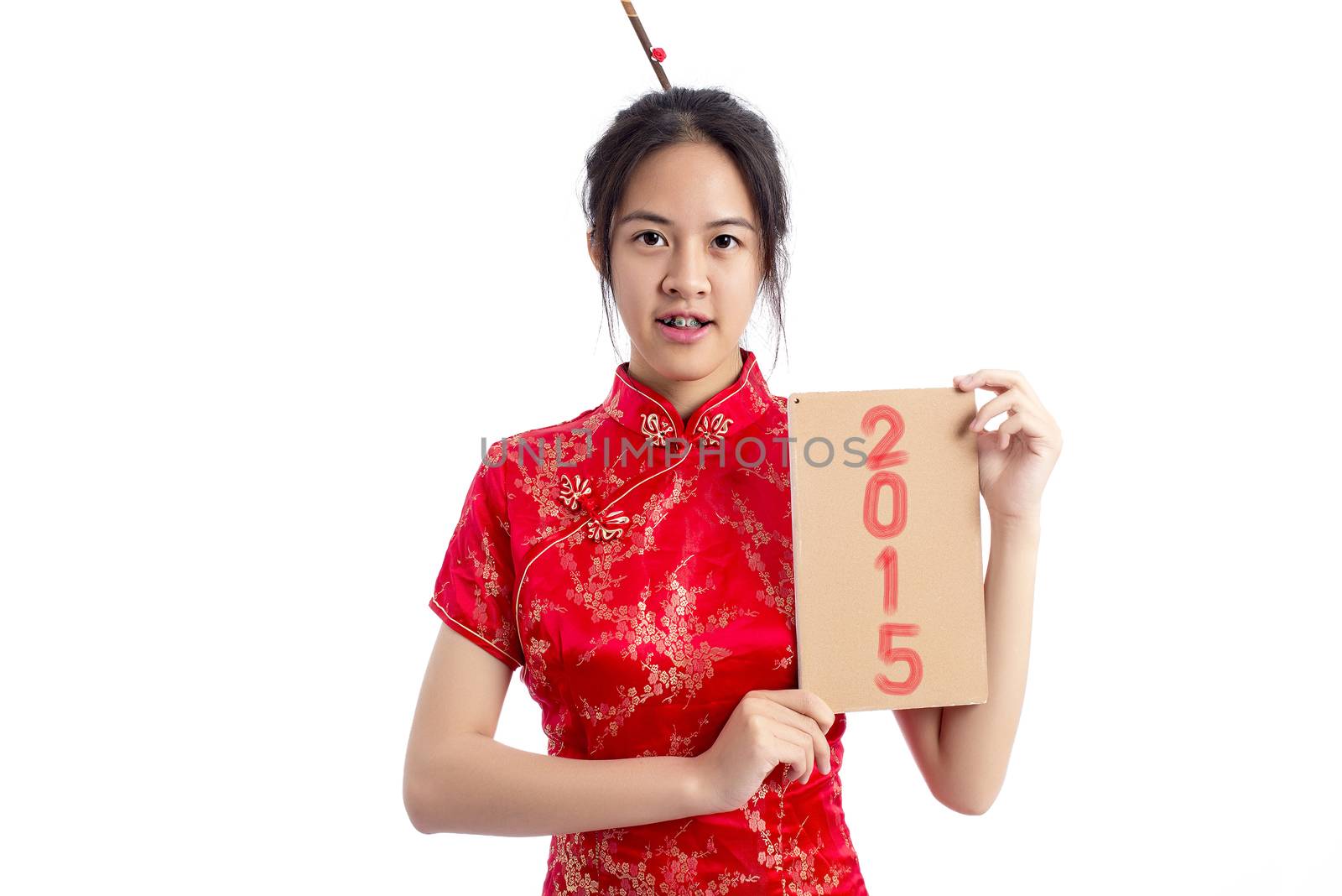 Chinese woman red dress traditional cheongsam ,close up portrait