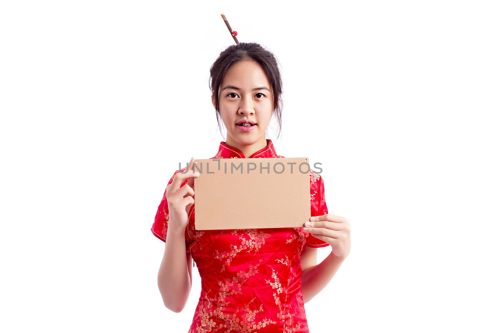 Chinese woman red dress traditional cheongsam ,close up portrait