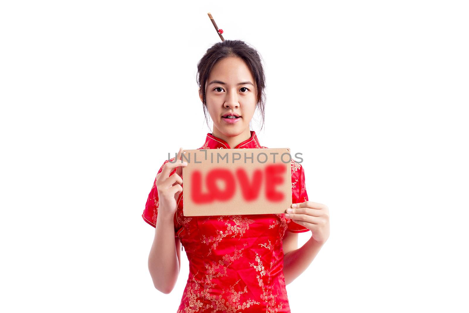 Chinese woman red dress traditional cheongsam ,close up portrait