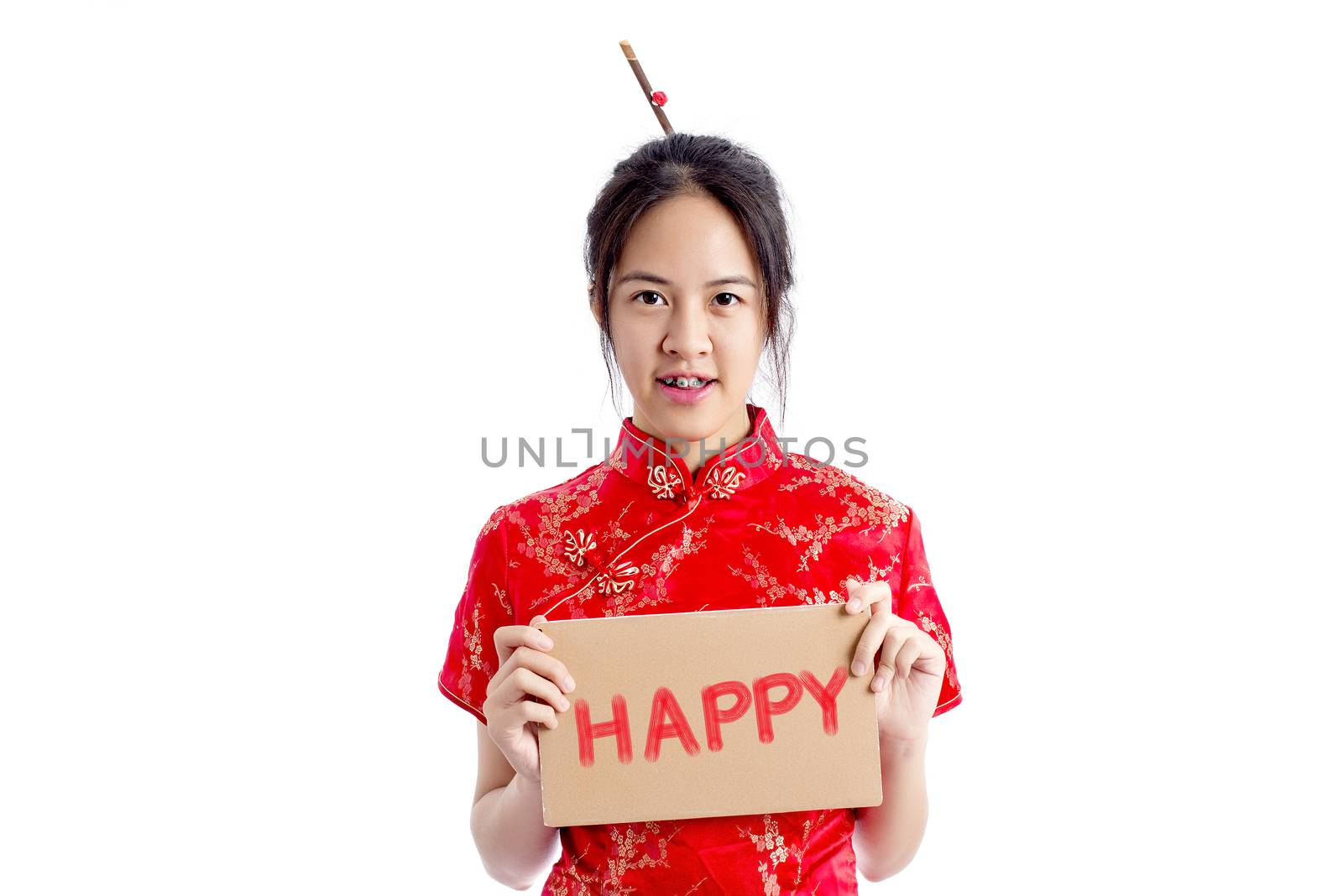 Chinese woman red dress traditional cheongsam ,close up portrait