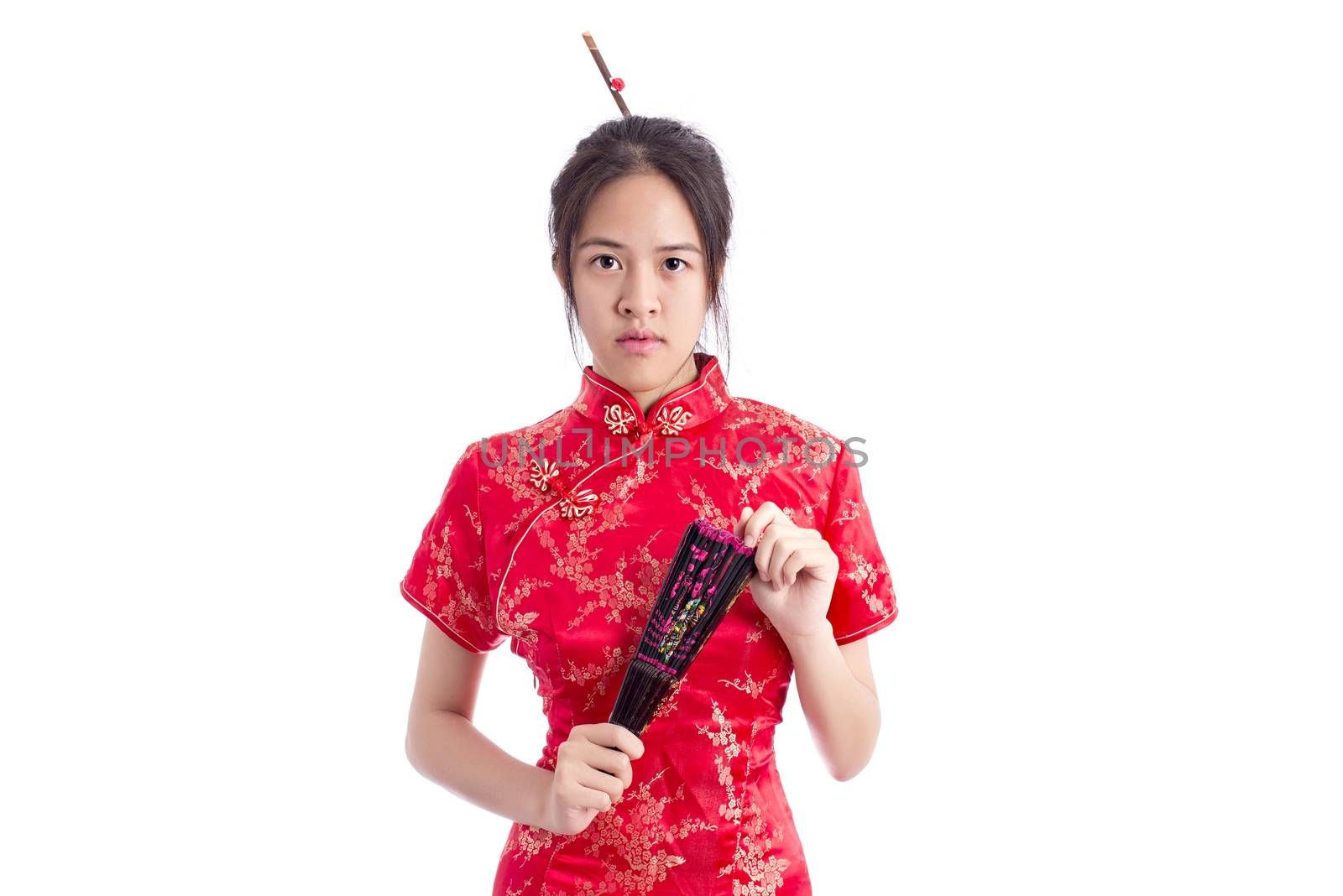 Chinese woman red dress traditional cheongsam ,close up portrait
