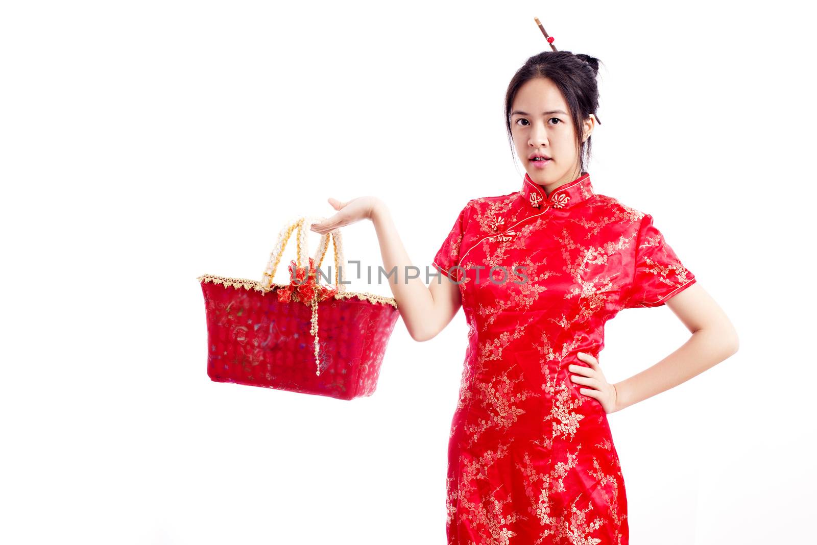 Chinese woman red dress traditional cheongsam ,close up portrait