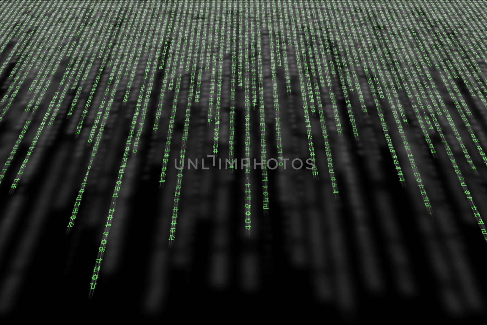 green matrix background, with motion blur, isolated on black background, perspective
