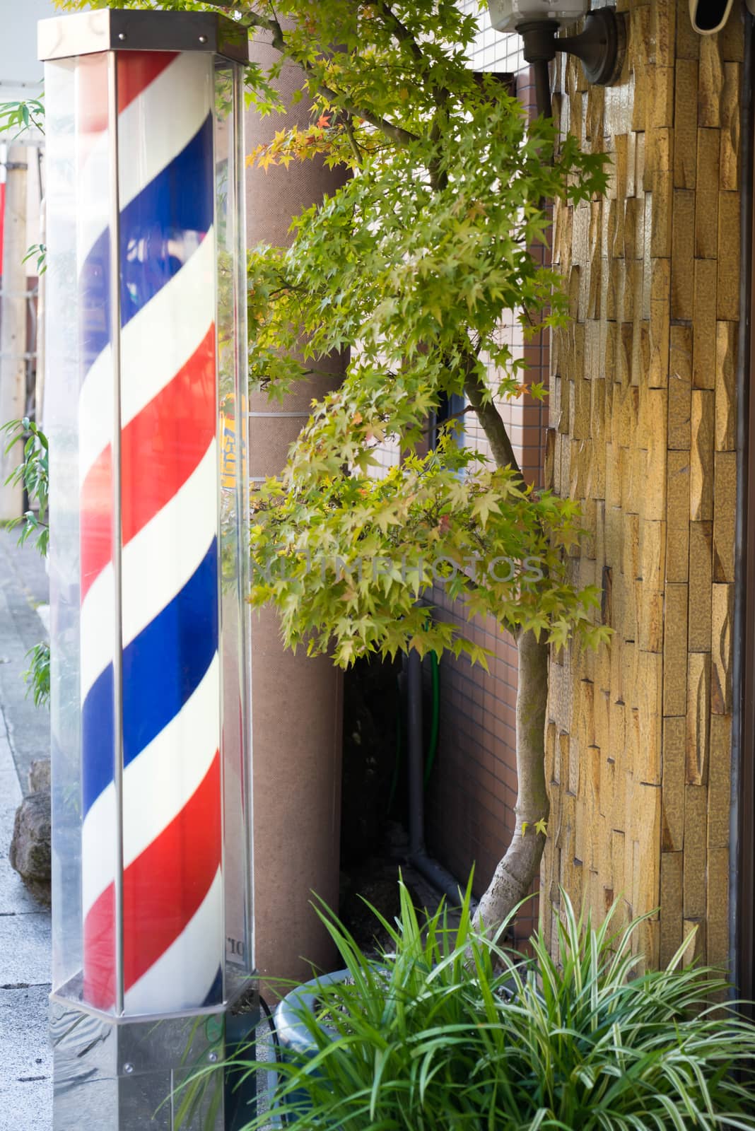 The symbol of the hair salon located in front of store with japanese trees