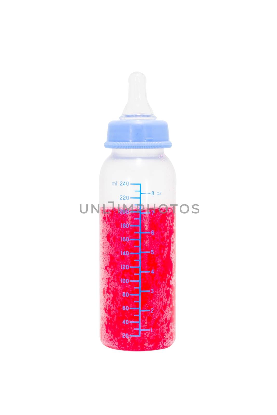 baby milk bottle with red soda inside isolated on white background.