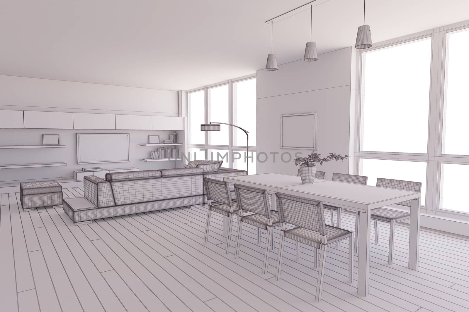 Interior render of a dining room without materials by enrico.lapponi