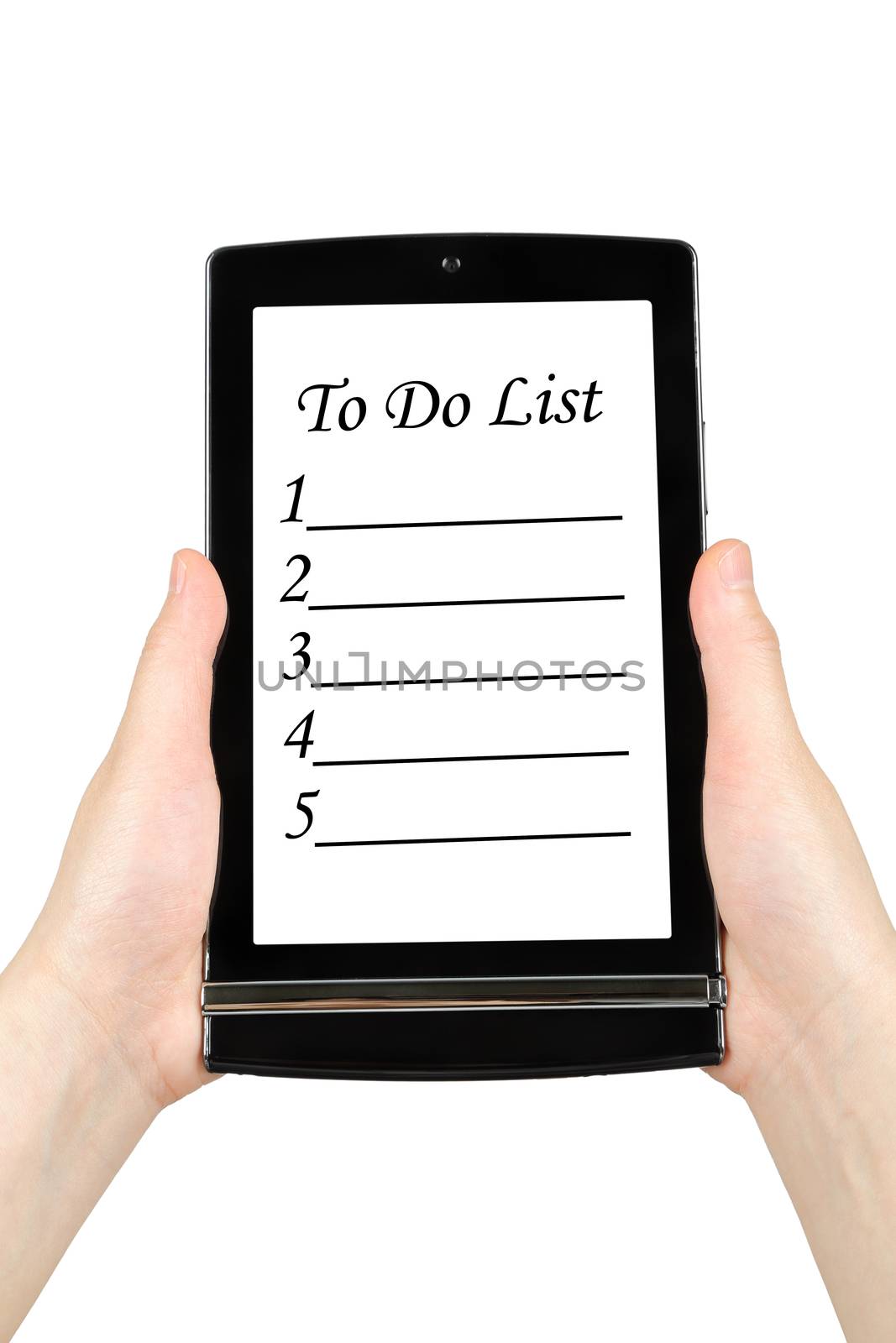 Hands holding touch screen tablet with to do list on screen