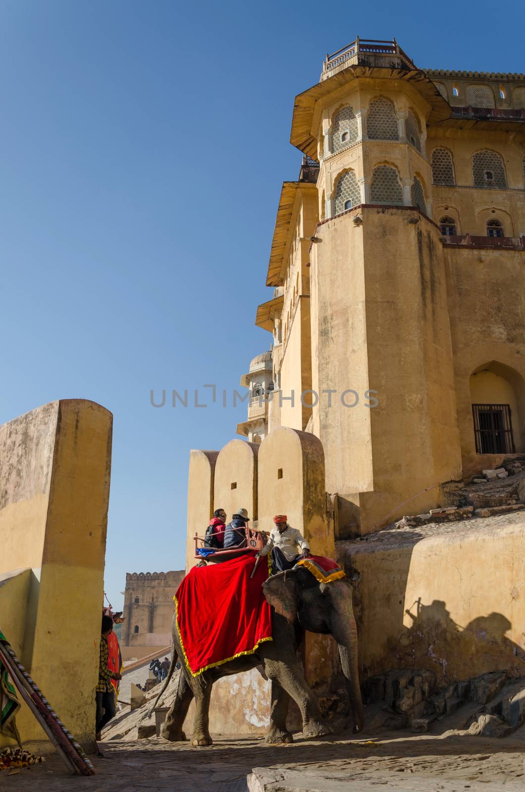 Jaipur, India - December 29, 2014: Decorated elephant carries tourists to Amber Fort on December 29, 2014 in Jaipur, Rajasthan, India.