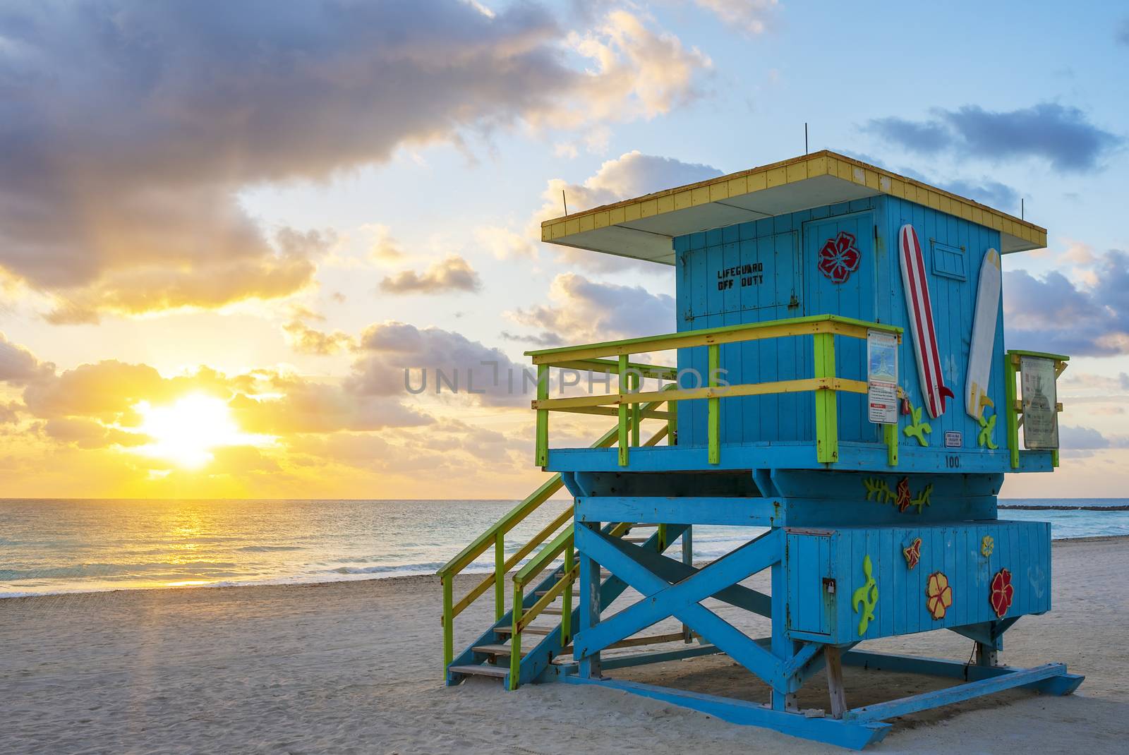 Beautiful Miami South Beach sunrise with lifeguard tower, USA.