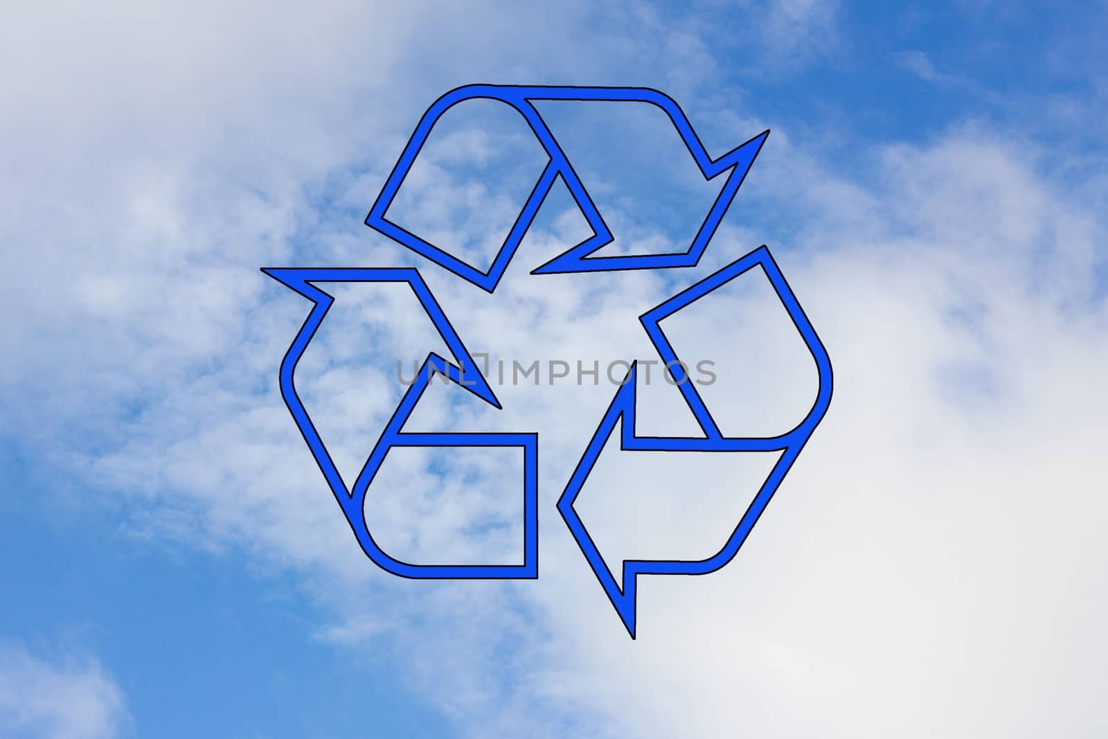 blue recycle icon on the background of sky