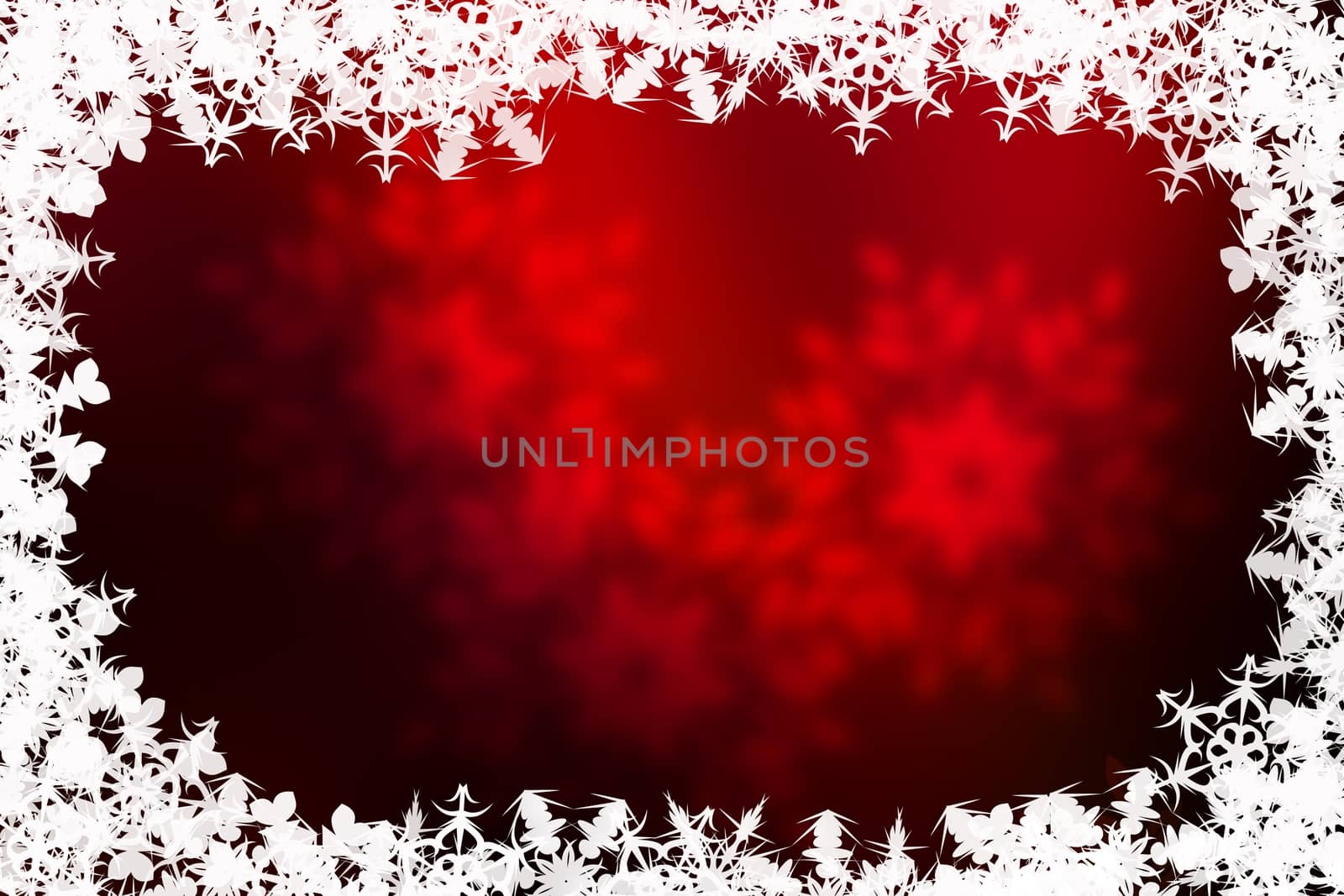 Red Christmas background with frame made of white snowflakes