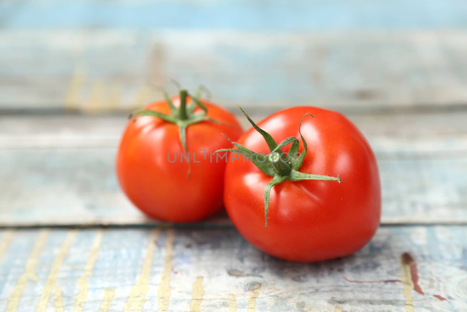 two fresh raw tomatoes on  blue old wooden background