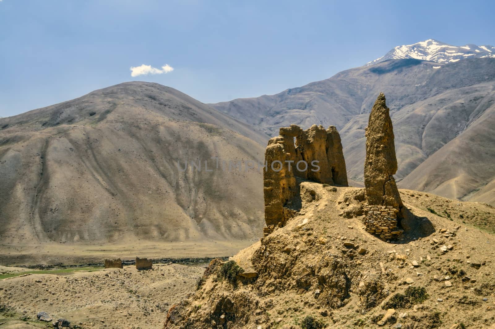 Scenic old ruins of buddhist shrines in Himalayas mountains in Nepal