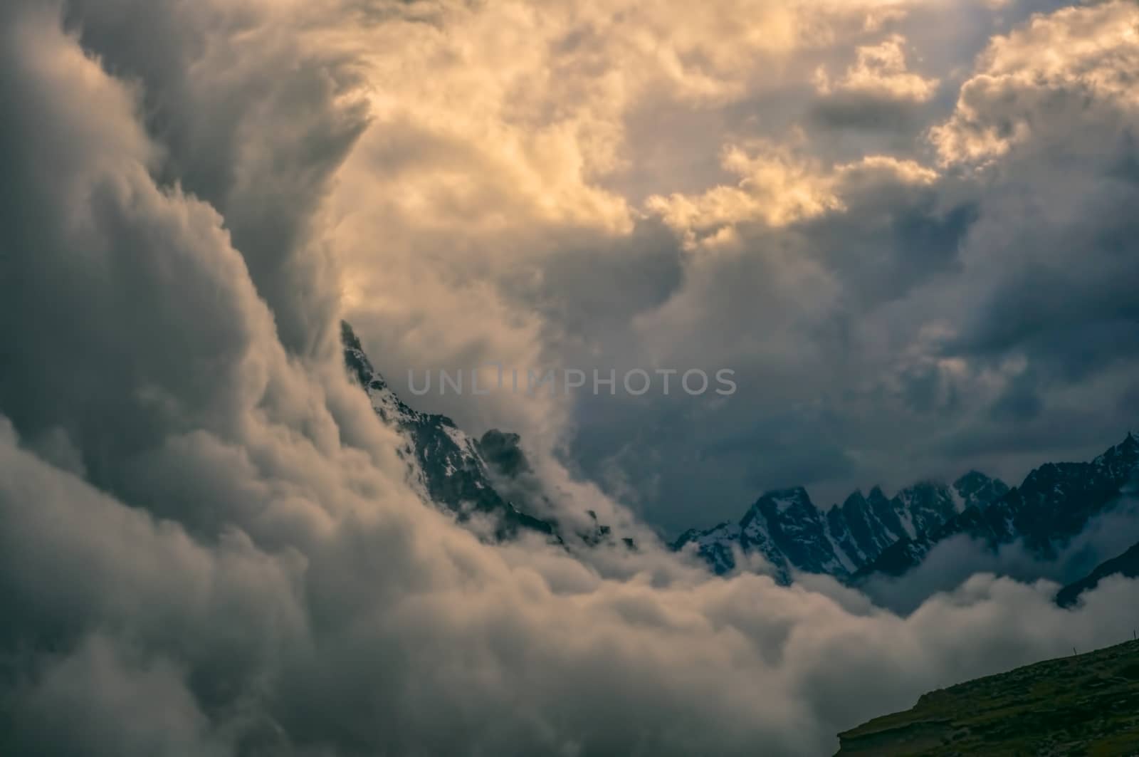 Dramatic storm clouds over Kangchenjunga mountains in Nepal