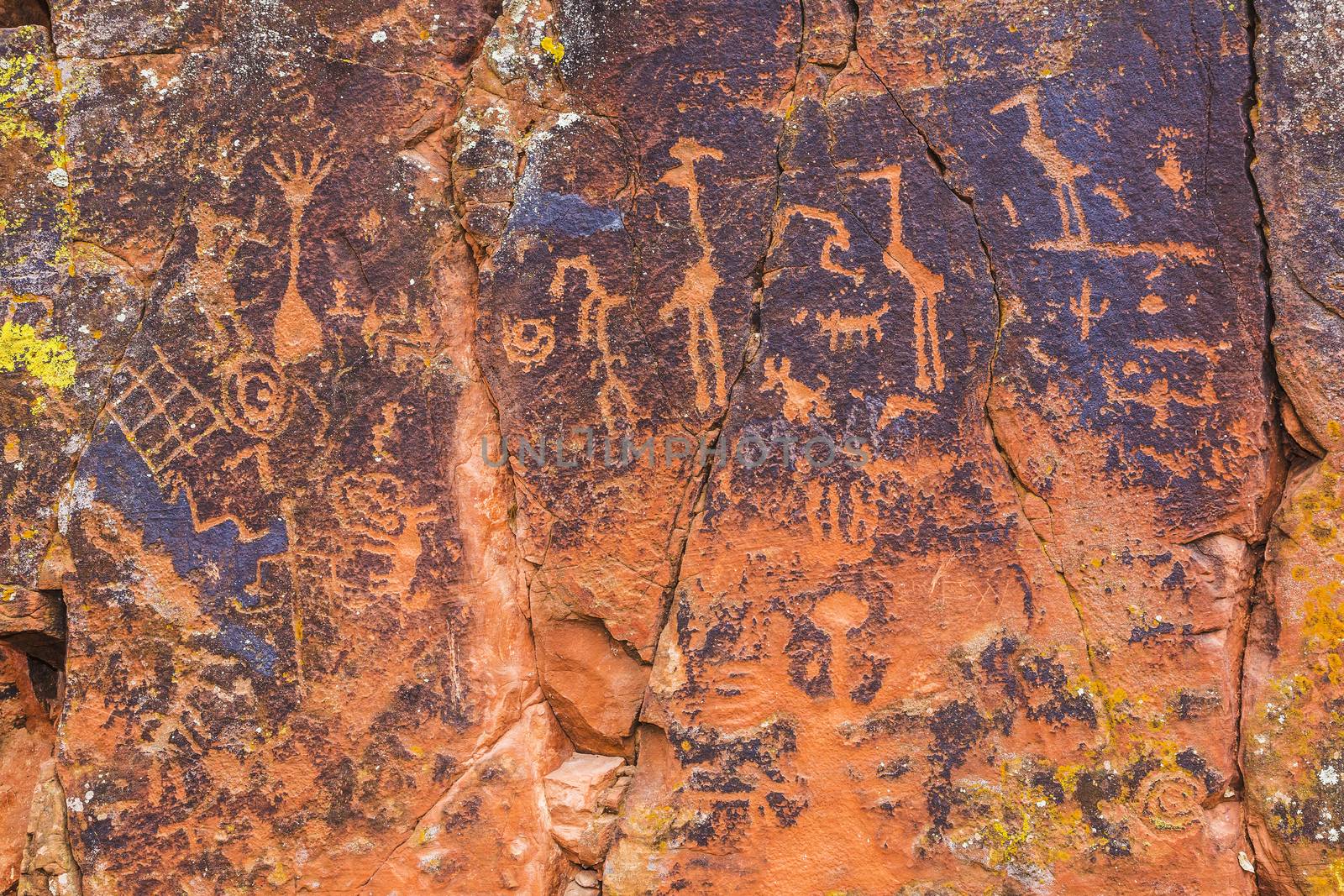 Multiple Sinaguan petroglyphs on a red rock panel