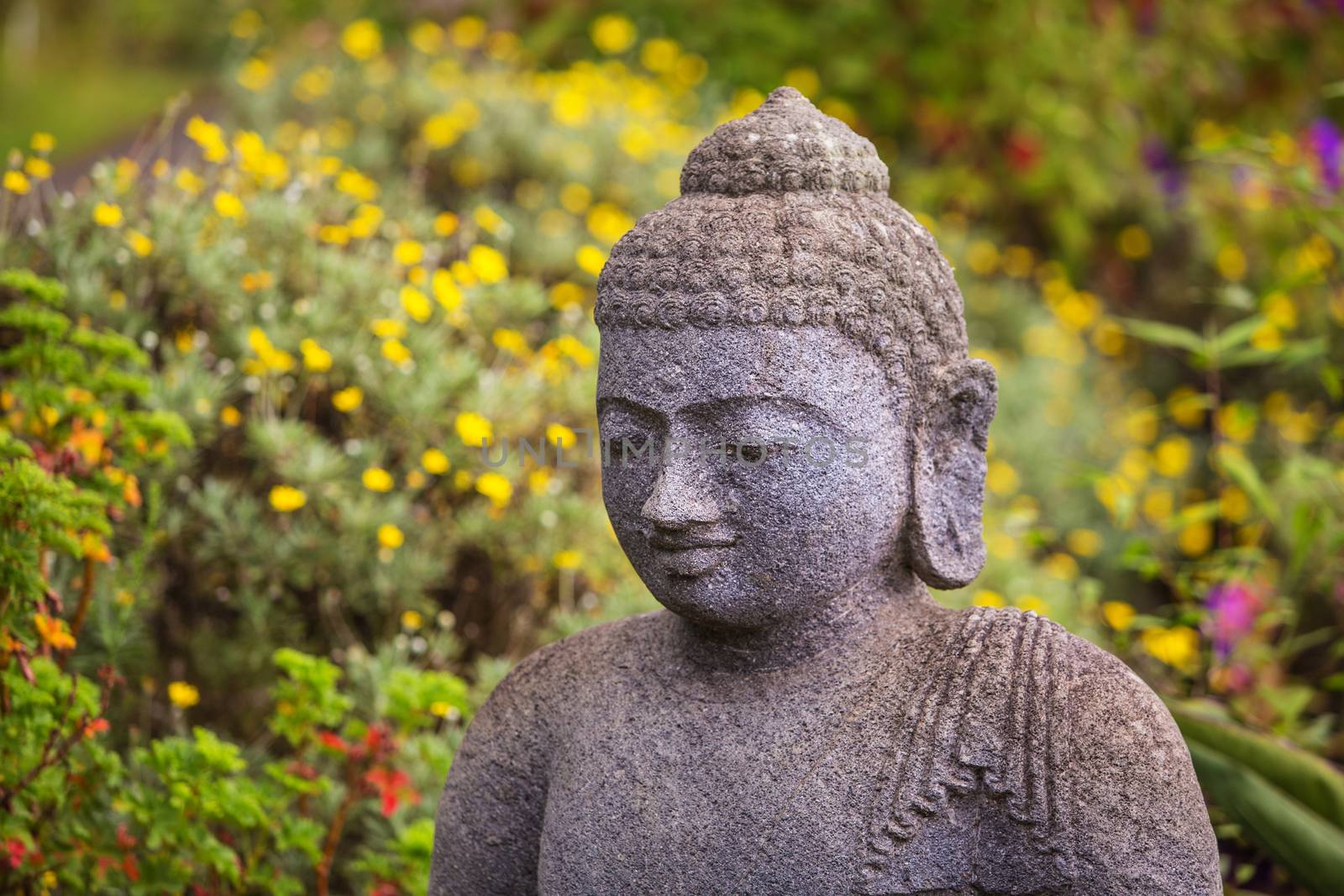 Close up of grinning stone Buddah statue