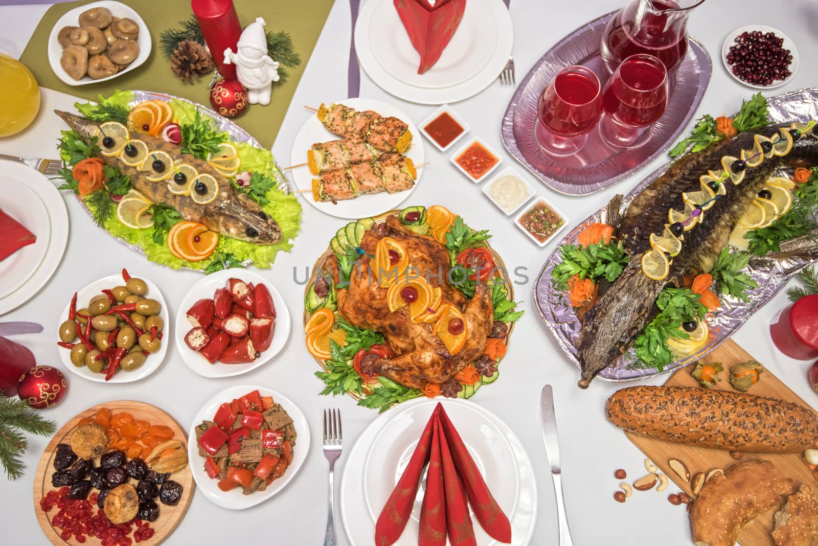 Lots of traditional festive food on table. Christmas table.