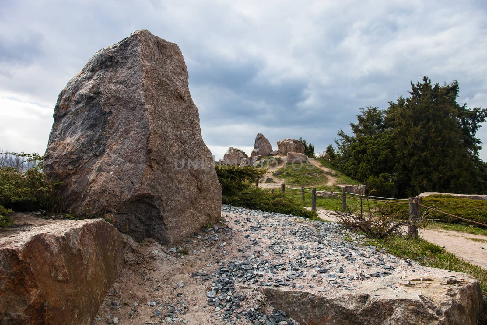 Stones in the rockery in Kyiv botanical garden by rootstocks