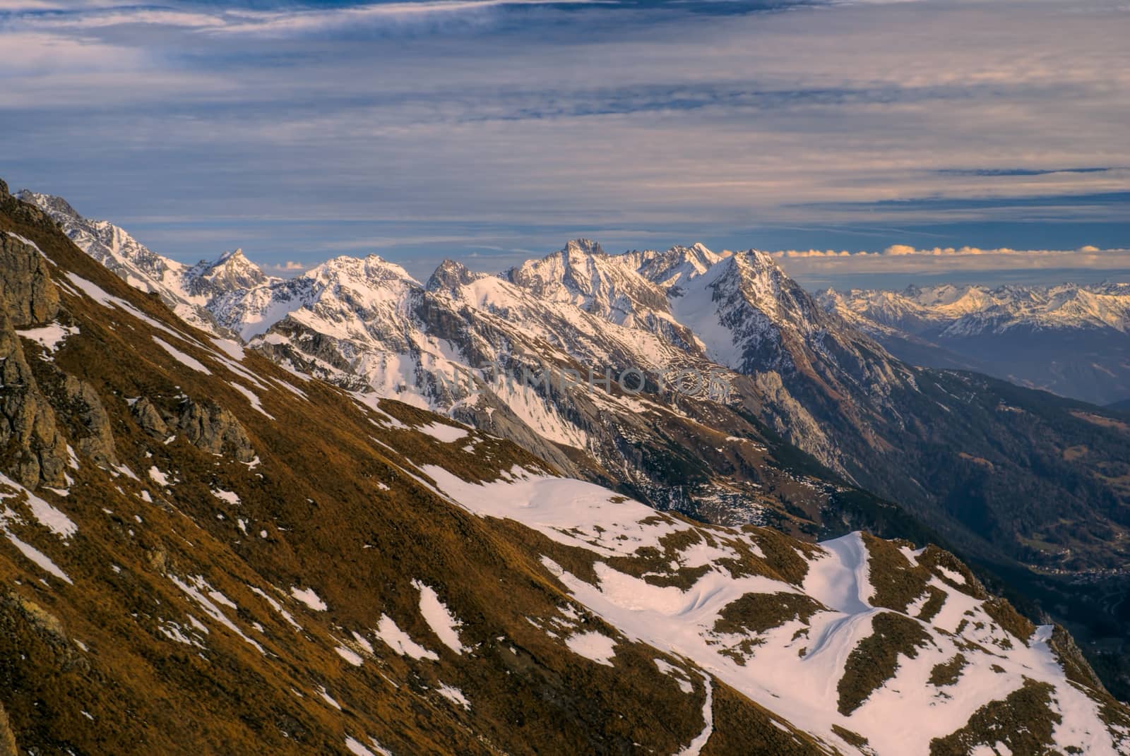 Scenic mountain peaks around Leutkircher Hutte in Tirol Alps in Austria